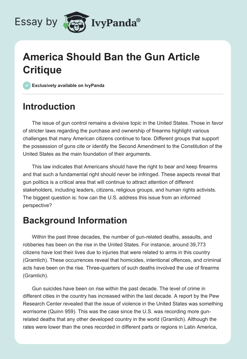 America Should Ban the Gun Article Critique. Page 1