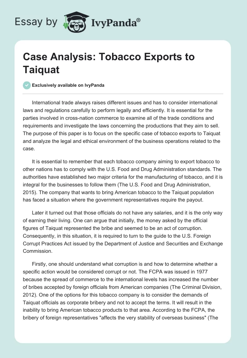 Case Analysis: Tobacco Exports to Taiquat. Page 1