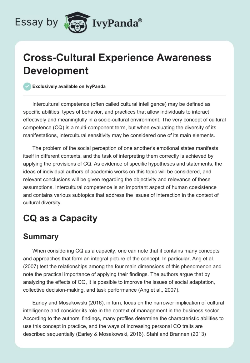 Cross-Cultural Experience Awareness Development. Page 1