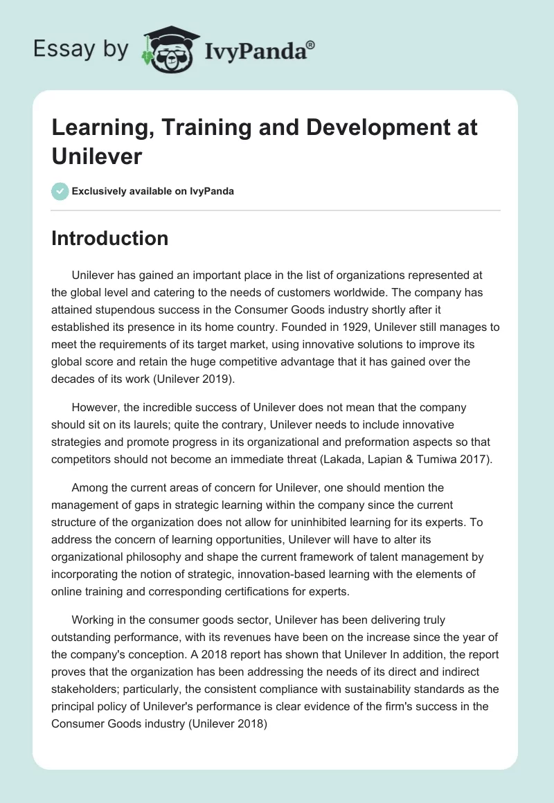 Learning, Training and Development at Unilever. Page 1