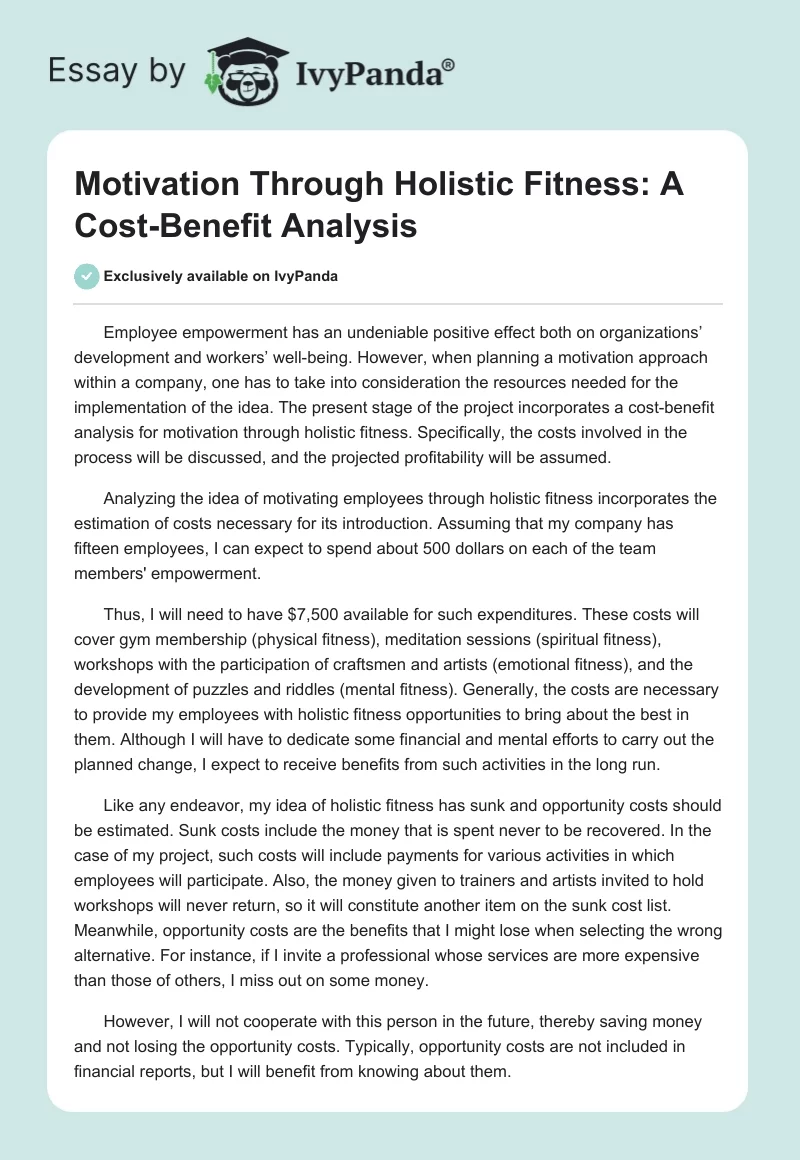 Motivation Through Holistic Fitness: A Cost-Benefit Analysis. Page 1
