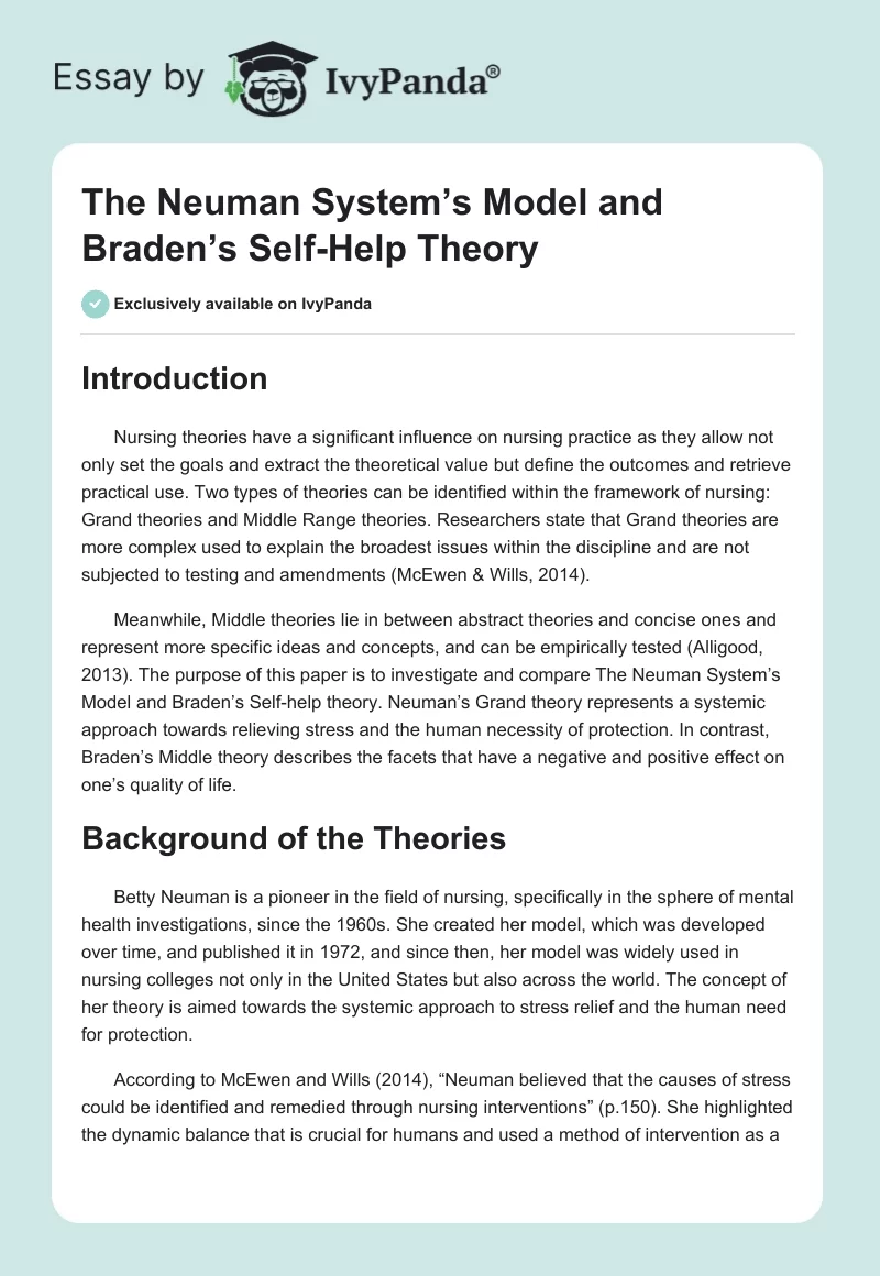 The Neuman System’s Model and Braden’s Self-Help Theory. Page 1