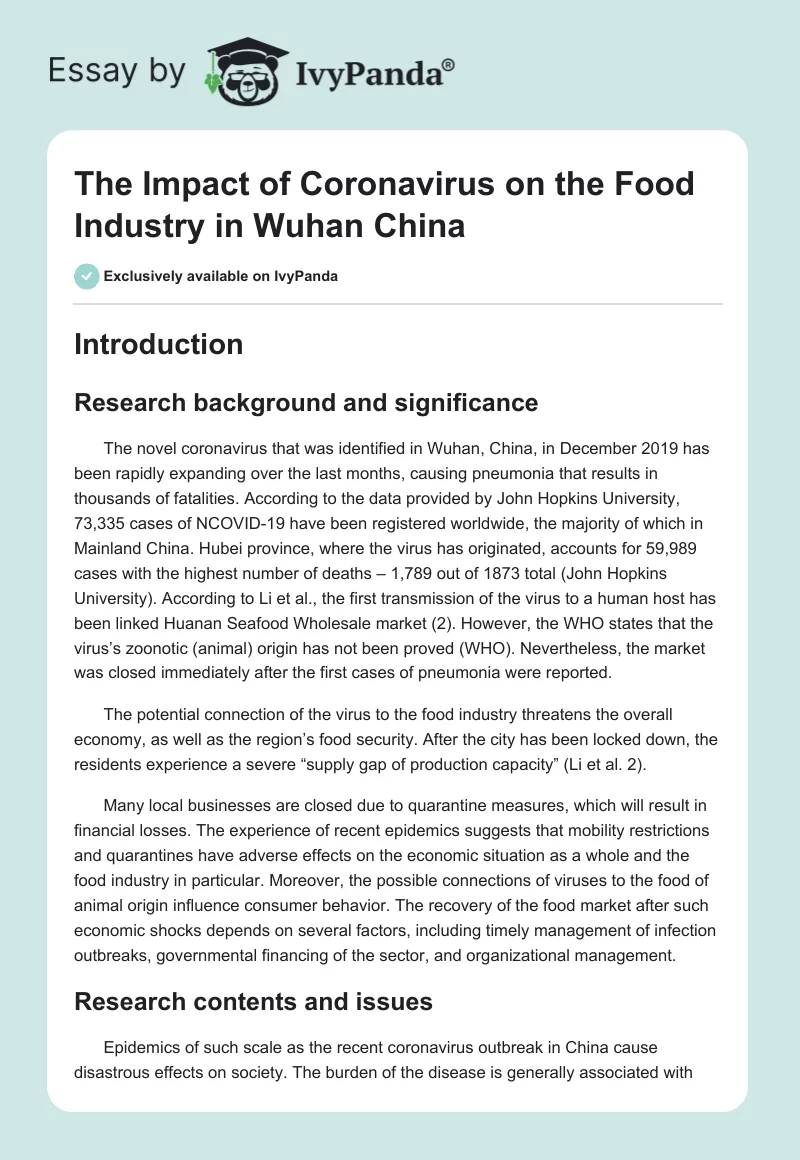 The Impact of Coronavirus on the Food Industry in Wuhan China. Page 1