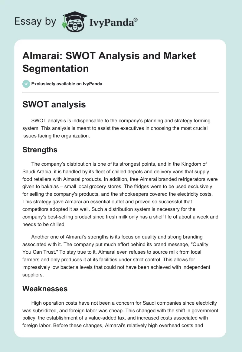 Almarai: SWOT Analysis and Market Segmentation. Page 1