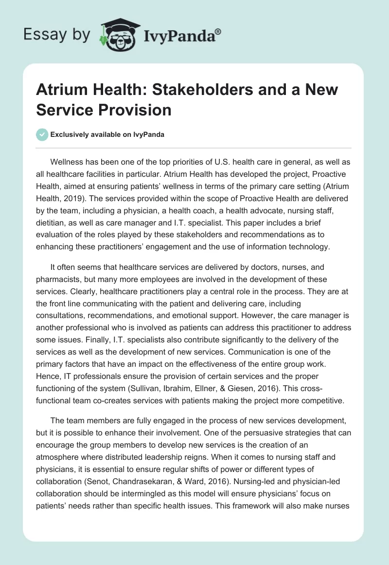 Atrium Health: Stakeholders and a New Service Provision. Page 1