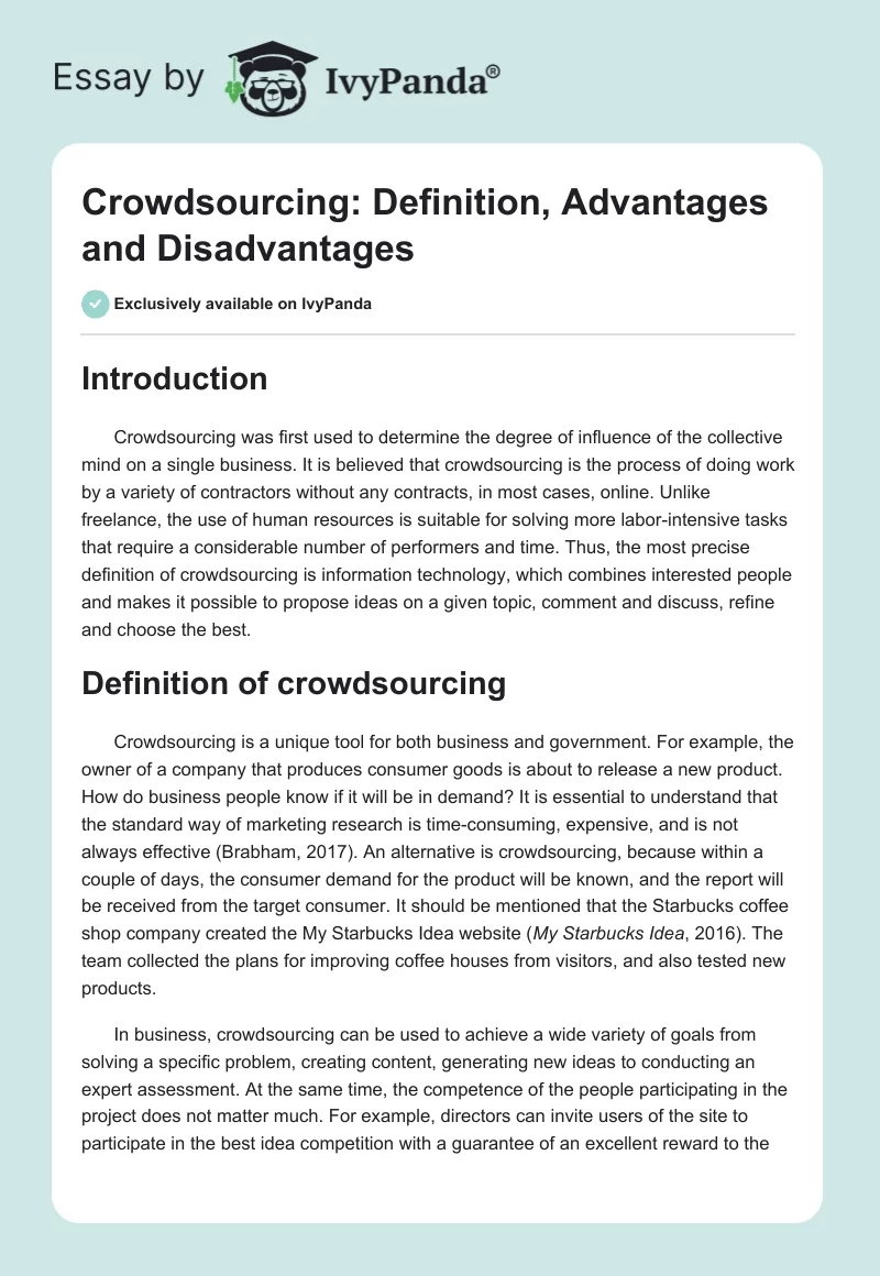 Crowdsourcing: Definition, Advantages and Disadvantages. Page 1