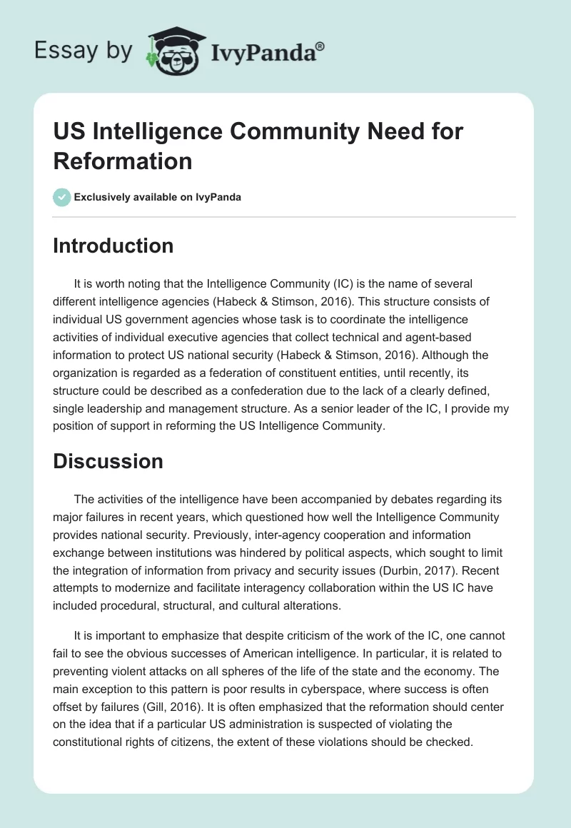 US Intelligence Community Need for Reformation. Page 1