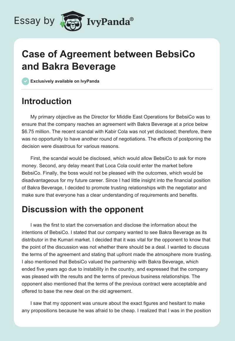 Case of Agreement Between BebsiCo and Bakra Beverage. Page 1