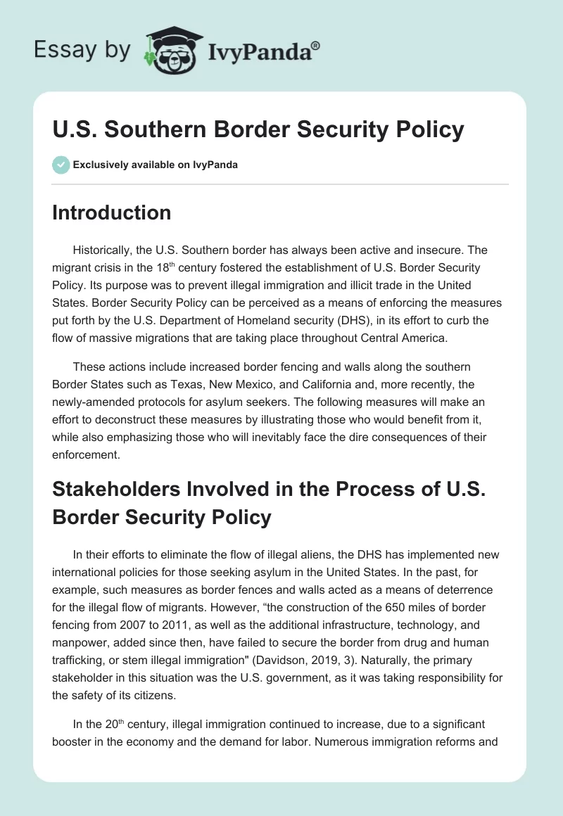 U.S. Southern Border Security Policy. Page 1
