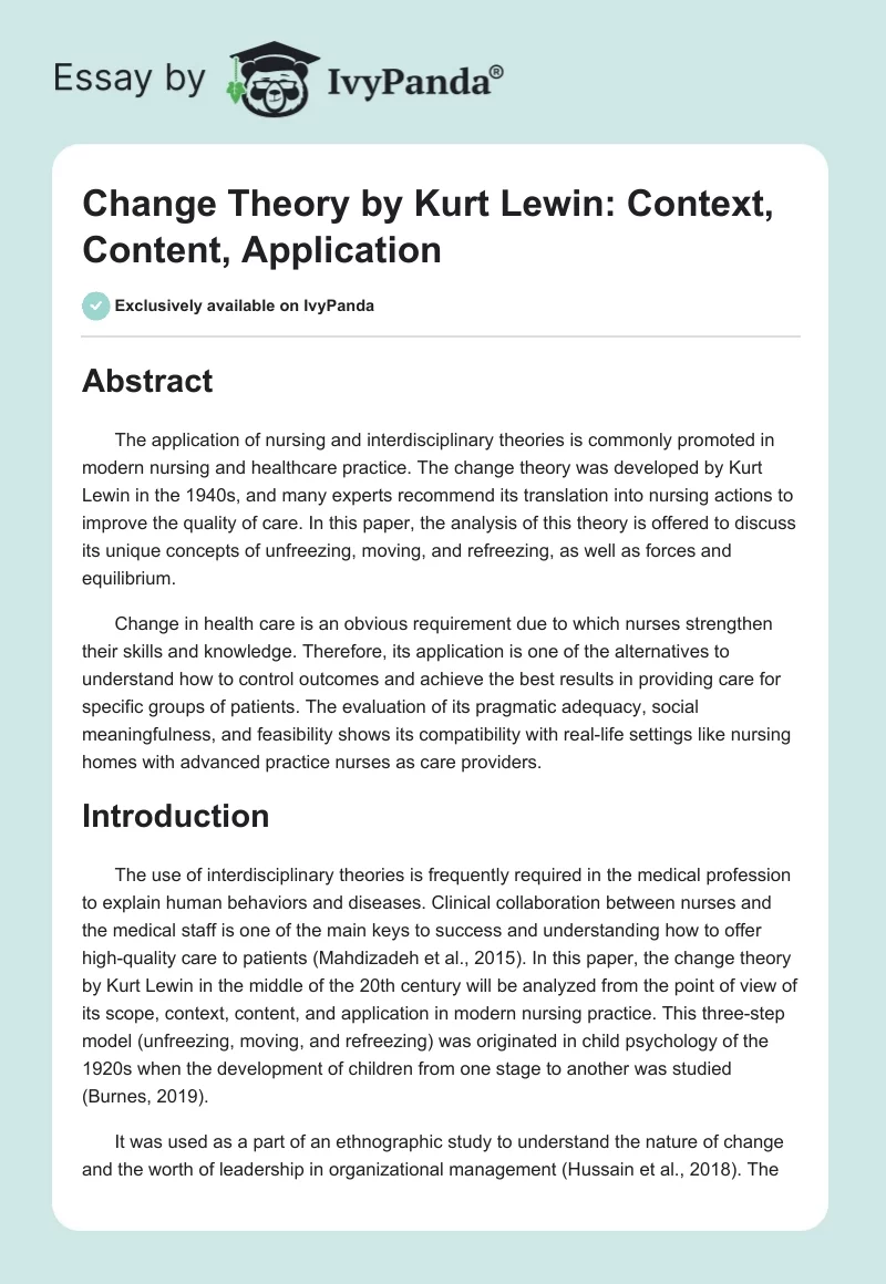 Change Theory by Kurt Lewin: Context, Content, Application. Page 1