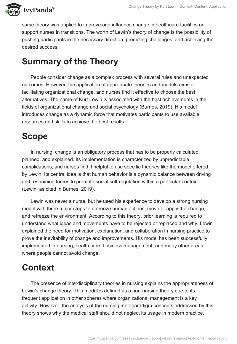 Change Theory by Kurt Lewin: Context, Content, Application. Page 2