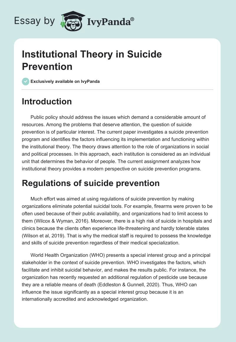 Institutional Theory in Suicide Prevention. Page 1