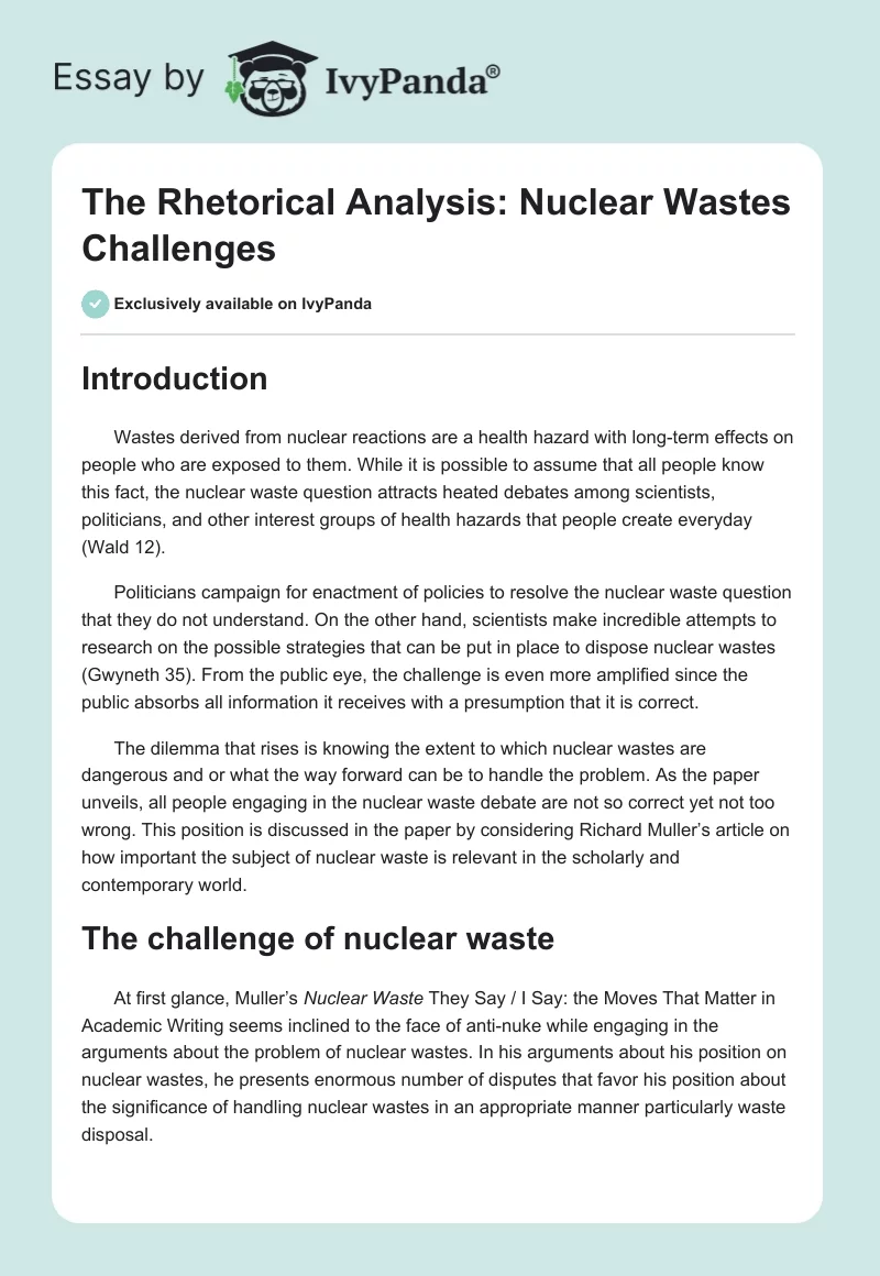 The Rhetorical Analysis: Nuclear Wastes Challenges. Page 1