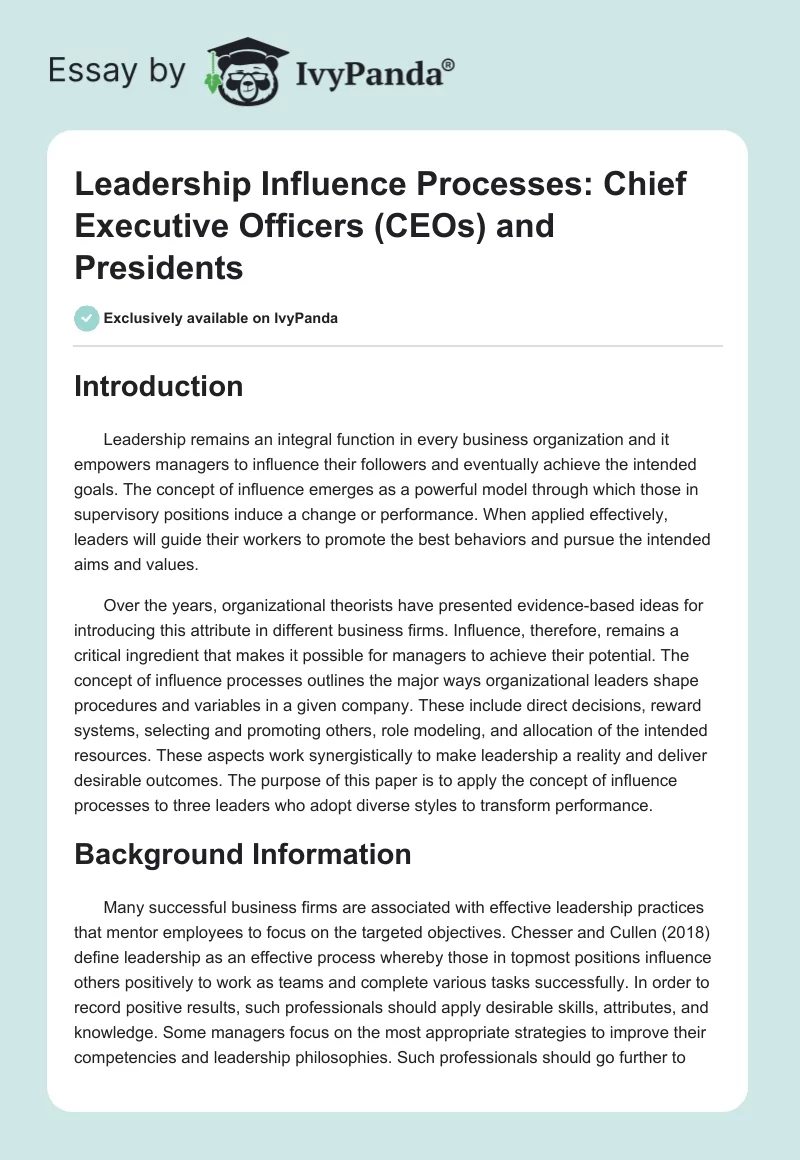 Leadership Influence Processes: Chief Executive Officers (CEOs) and Presidents. Page 1