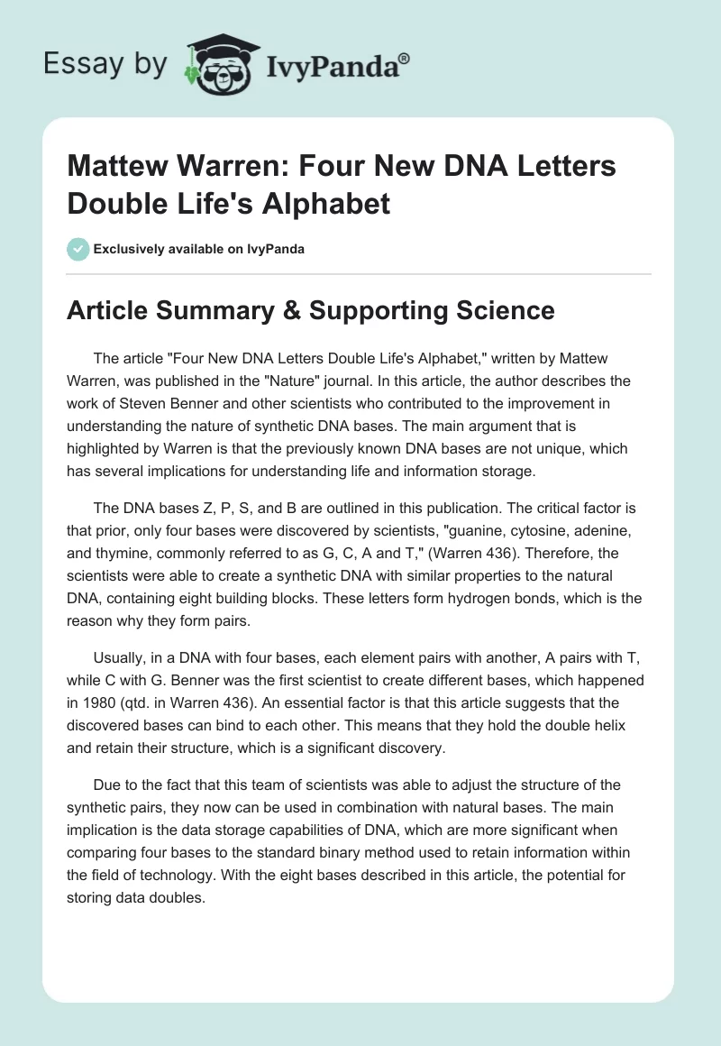 Mattew Warren: Four New DNA Letters Double Life's Alphabet. Page 1