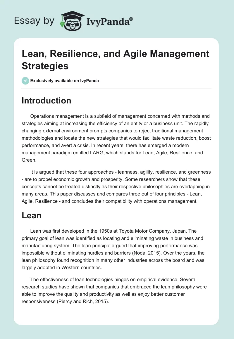 Lean, Resilience, and Agile Management Strategies. Page 1