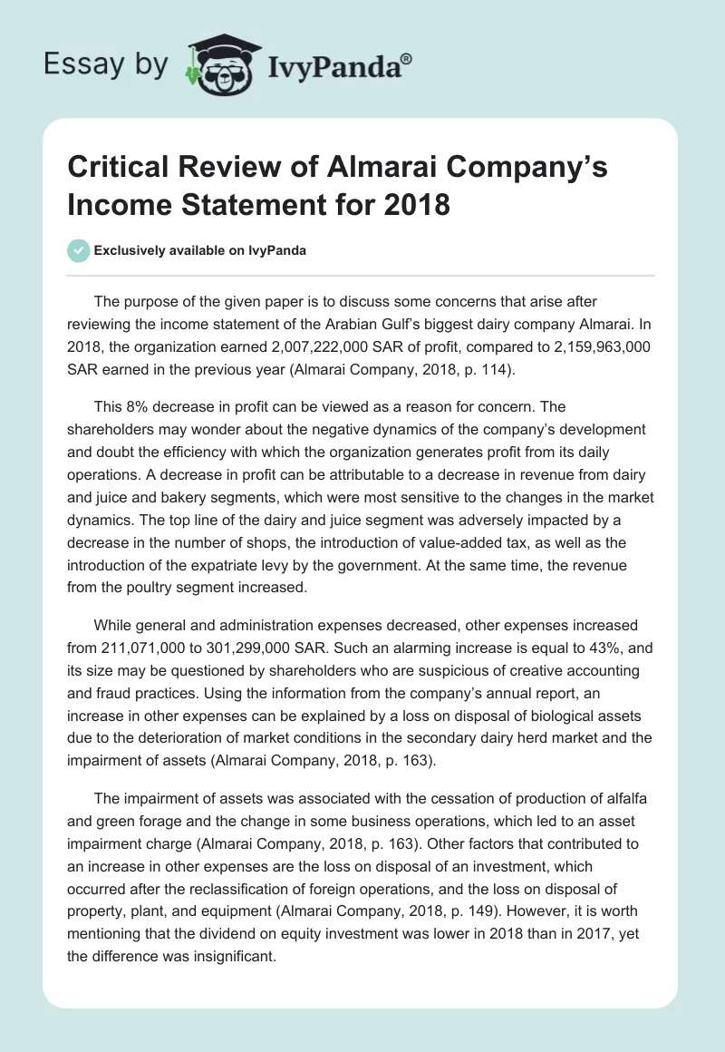 Critical Review of Almarai Company’s Income Statement for 2018. Page 1