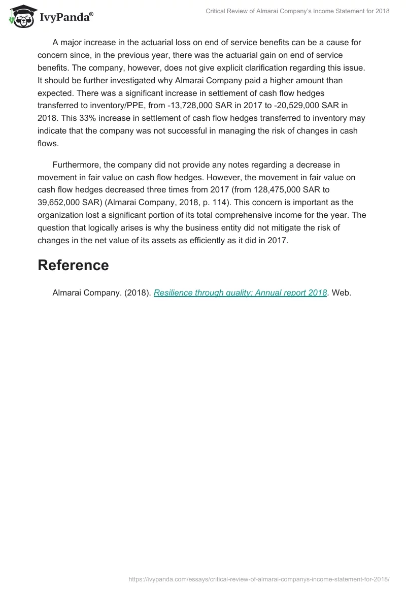 Critical Review of Almarai Company’s Income Statement for 2018. Page 2