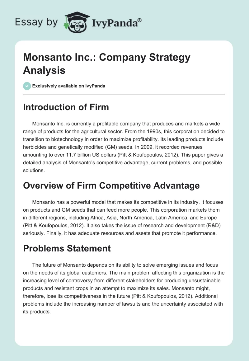 Monsanto Inc.: Company Strategy Analysis. Page 1