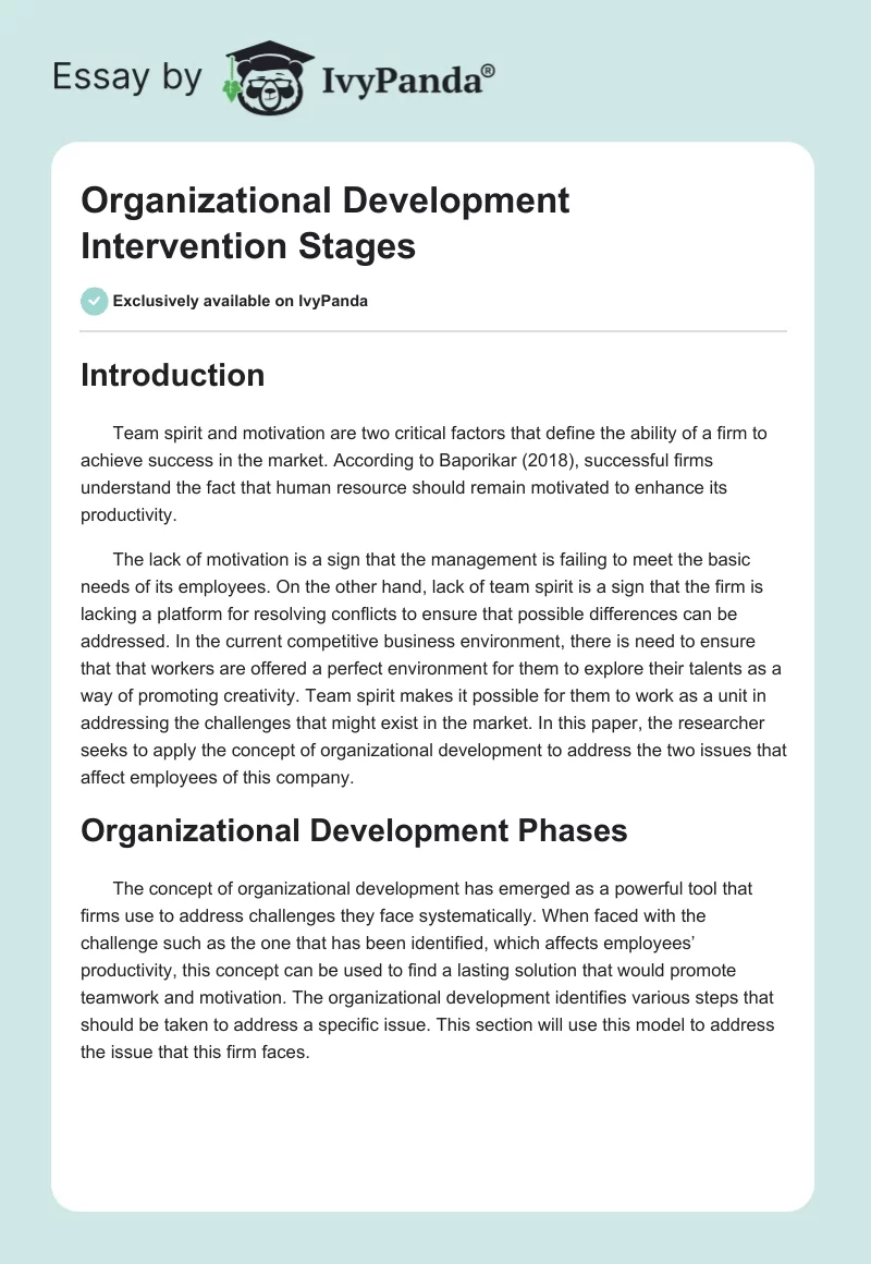 Organizational Development Intervention Stages. Page 1