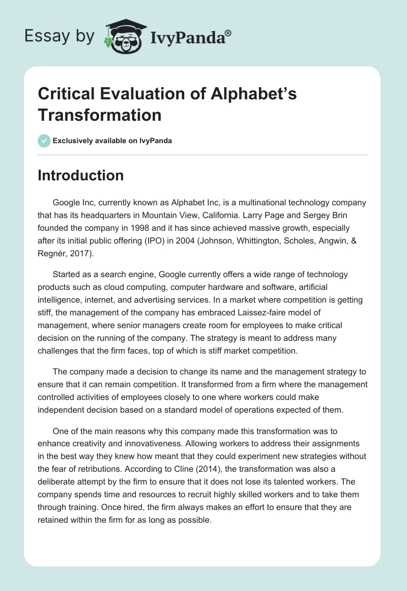 Critical Evaluation of Alphabet’s Transformation. Page 1