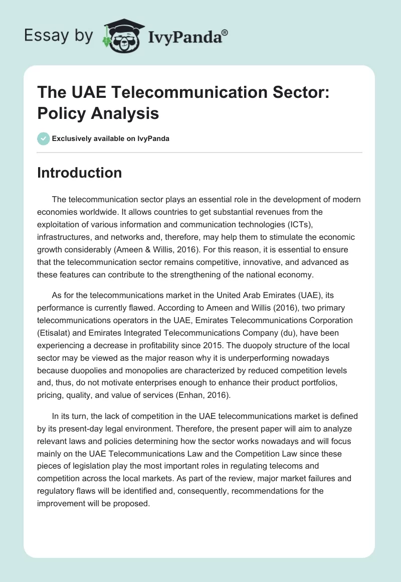The UAE Telecommunication Sector: Policy Analysis. Page 1