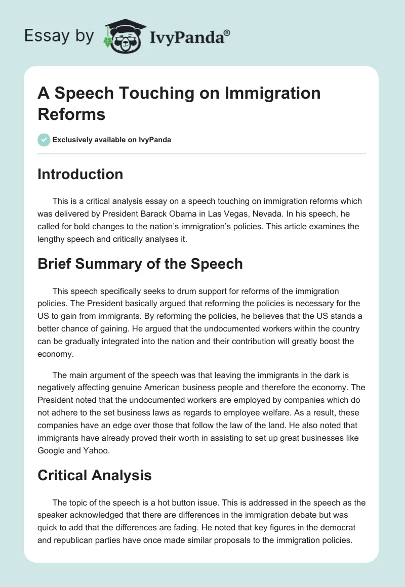 A Speech Touching on Immigration Reforms. Page 1