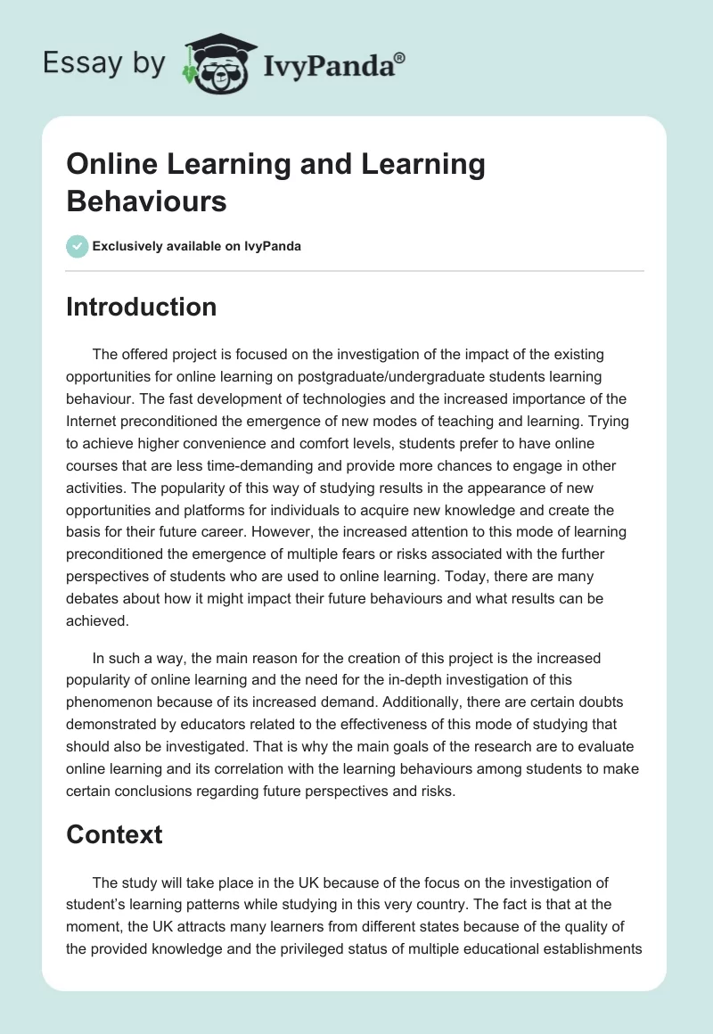 Online Learning and Learning Behaviours. Page 1