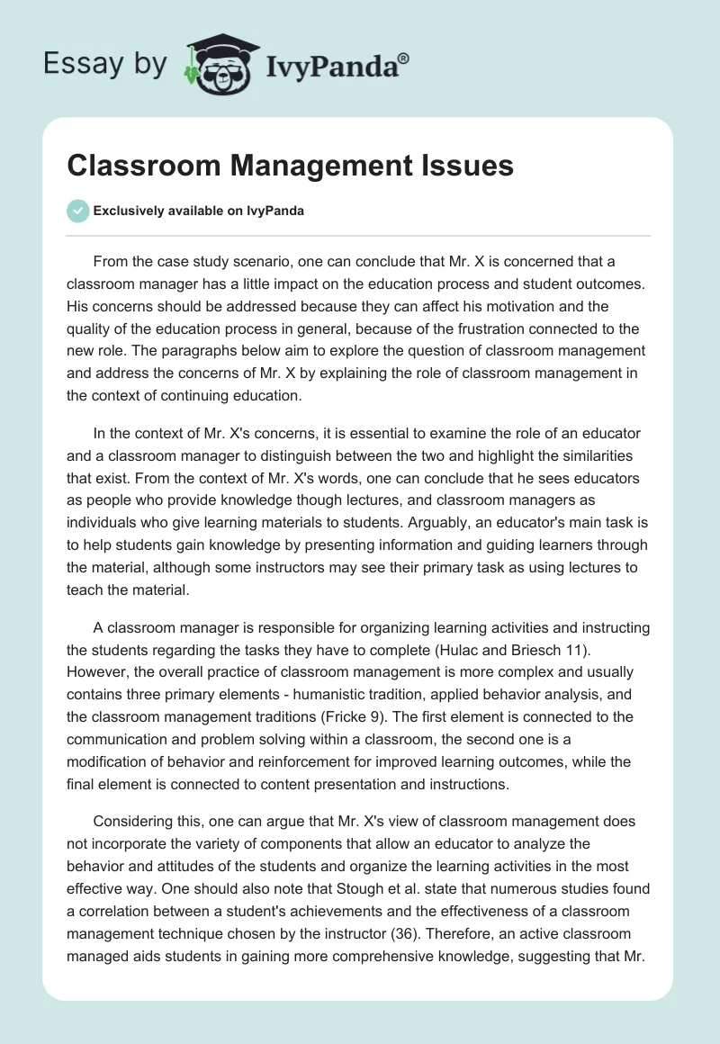 Classroom Management Issues. Page 1
