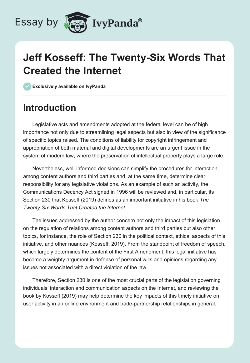 Jeff Kosseff: The Twenty-Six Words That Created the Internet. Page 1