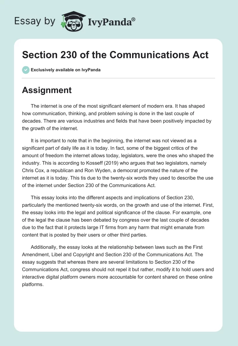 Section 230 of the Communications Act. Page 1
