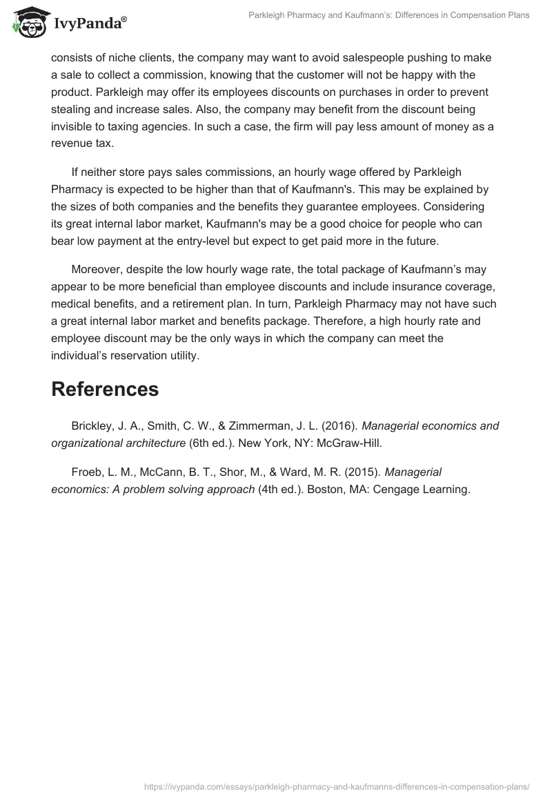 Parkleigh Pharmacy and Kaufmann’s: Differences in Compensation Plans. Page 2