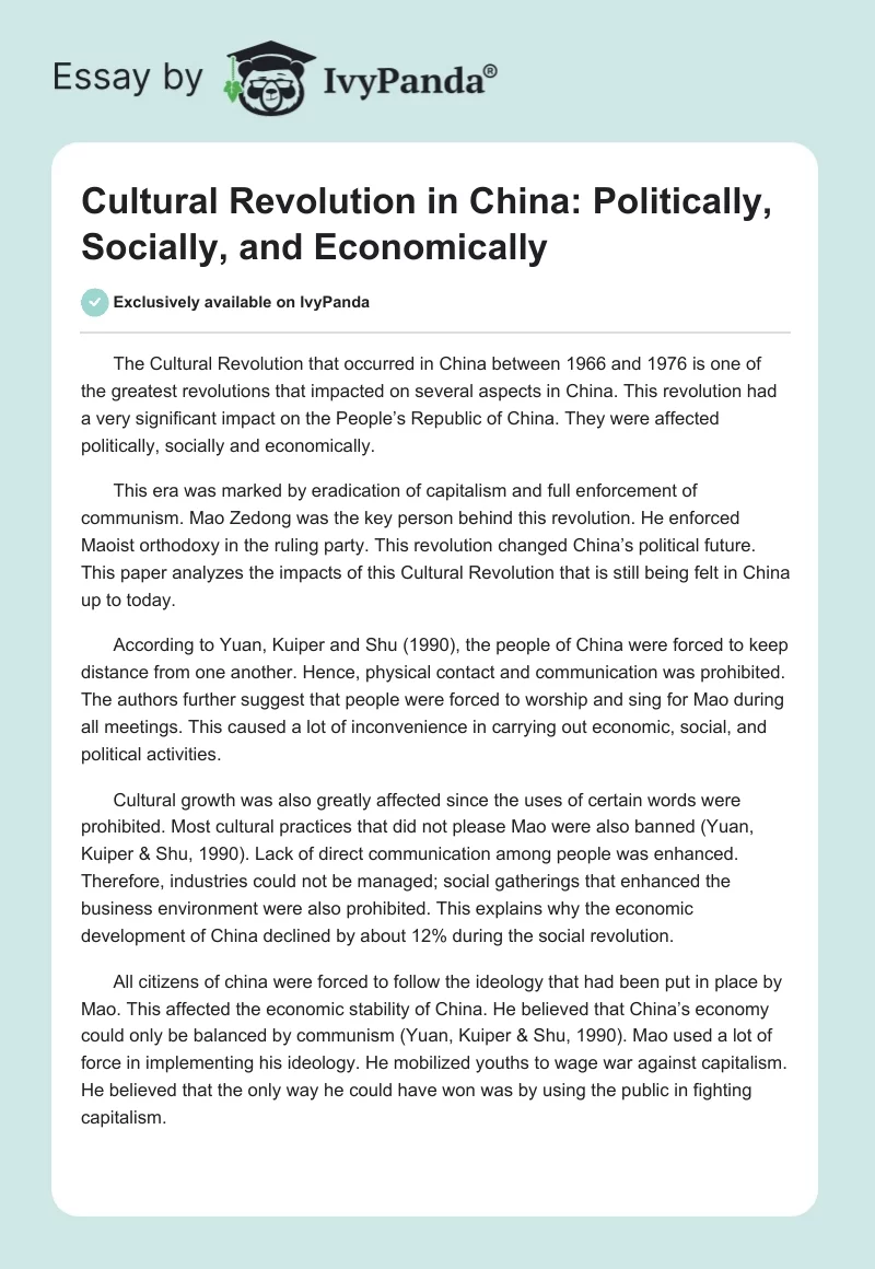 Cultural Revolution in China: Politically, Socially, and Economically. Page 1