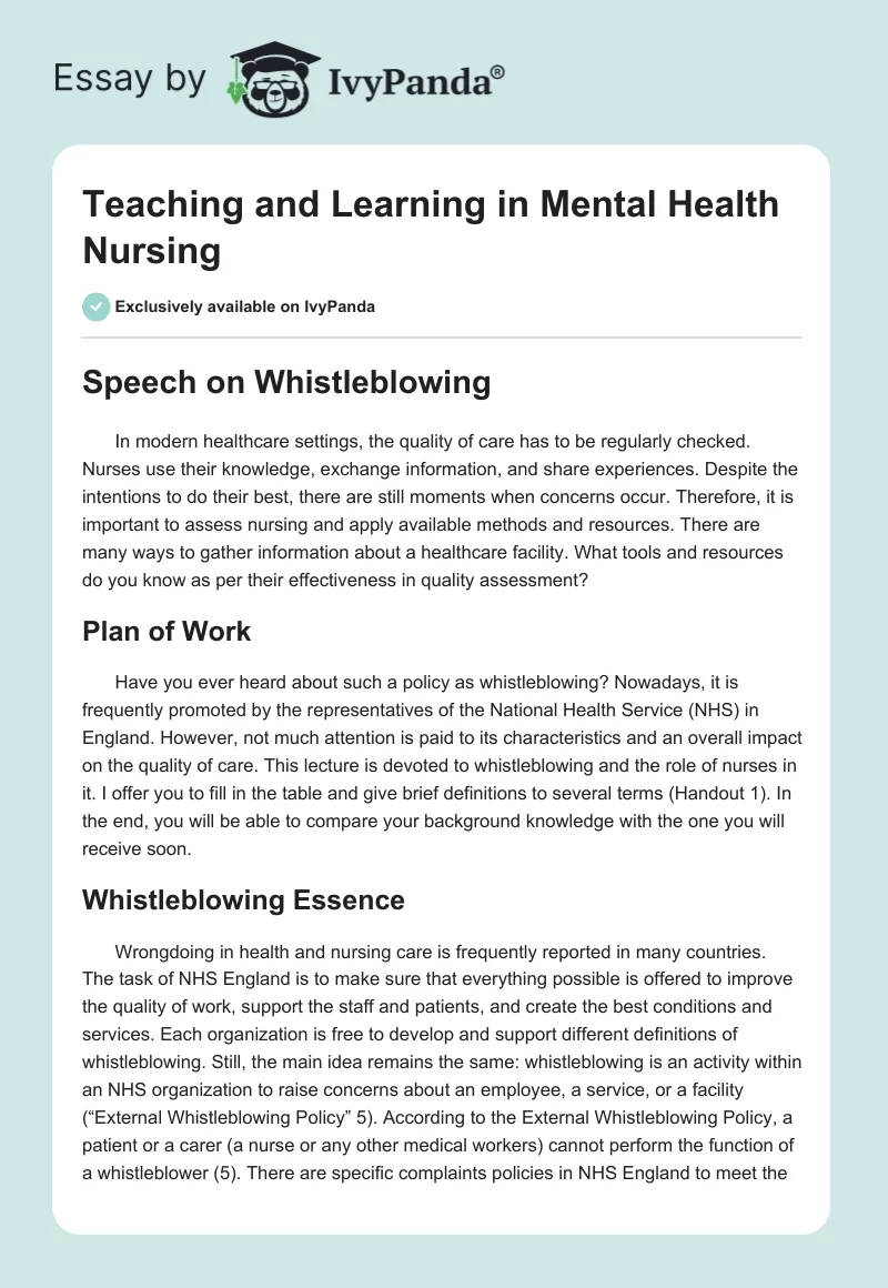 Teaching and Learning in Mental Health Nursing. Page 1