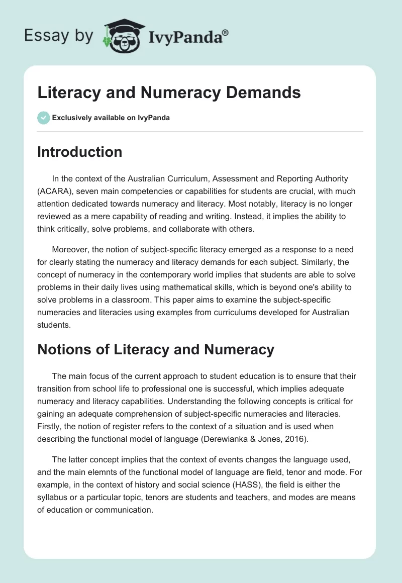 Literacy and Numeracy Demands. Page 1