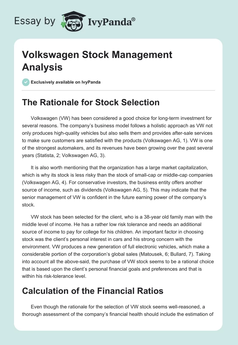 Volkswagen Stock Management Analysis. Page 1