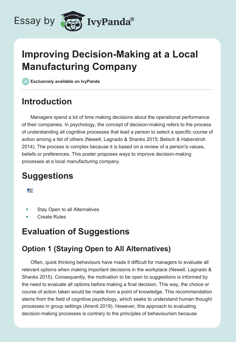 Improving Decision-Making at a Local Manufacturing Company. Page 1