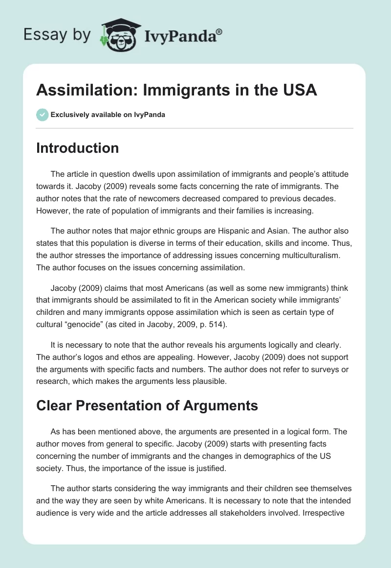 Assimilation: Immigrants in the USA. Page 1