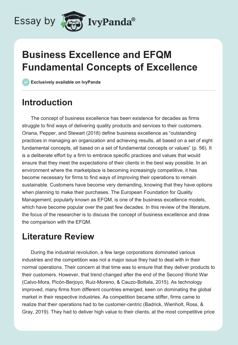 Business Excellence and EFQM Fundamental Concepts of Excellence. Page 1