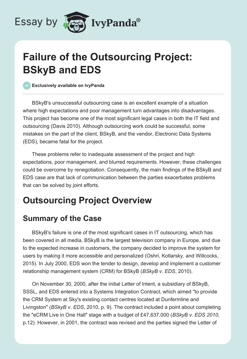 Failure of the Outsourcing Project: BSkyB and EDS. Page 1