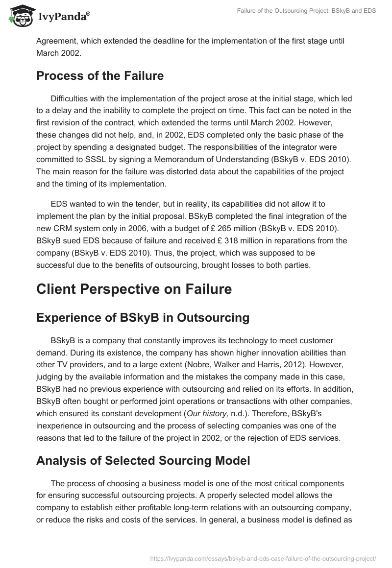Failure of the Outsourcing Project: BSkyB and EDS. Page 2