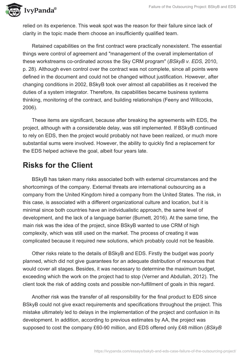 Failure of the Outsourcing Project: BSkyB and EDS. Page 4