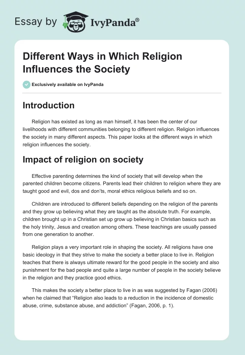 Different Ways in Which Religion Influences the Society. Page 1