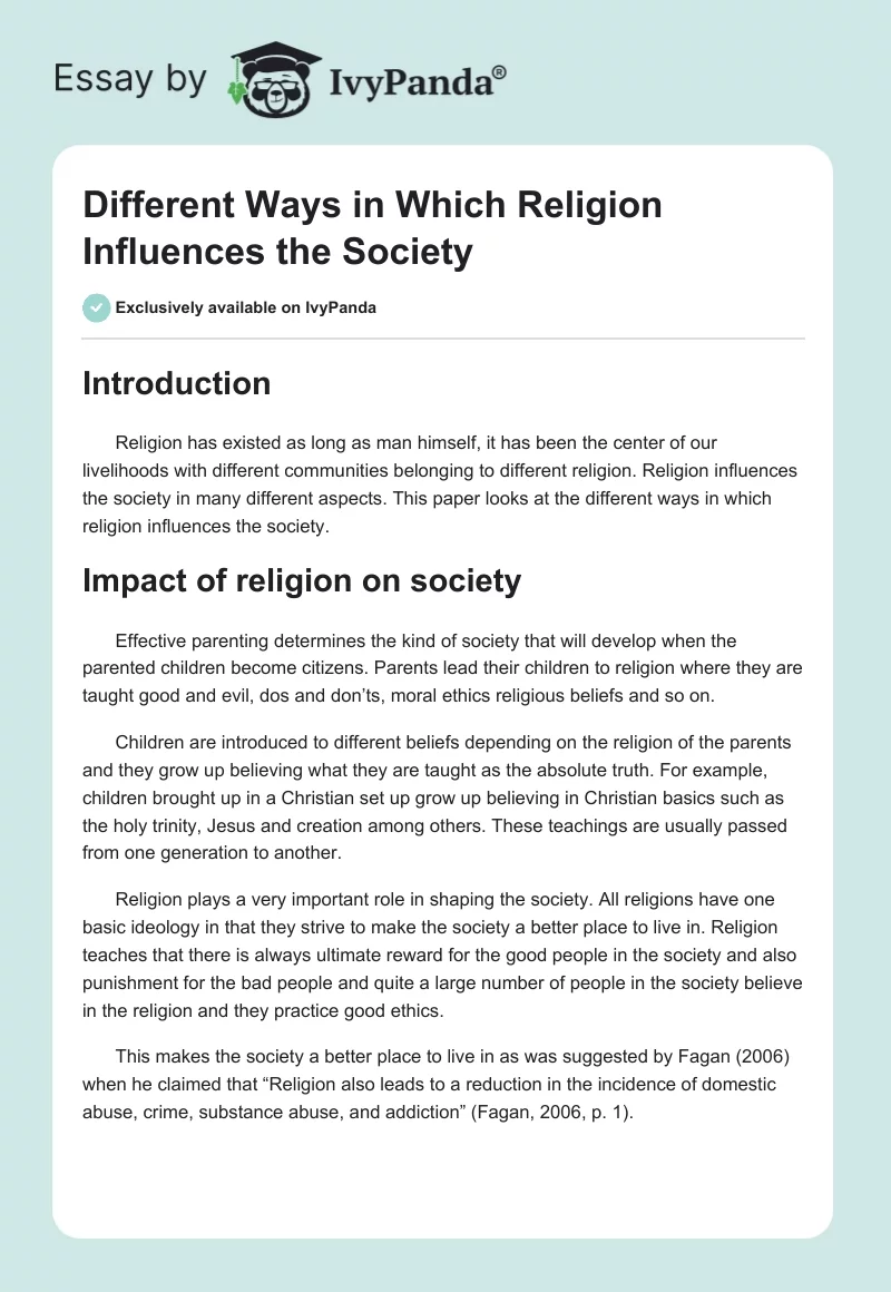 Different Ways In Which Religion Influences The Society 1144 Words 