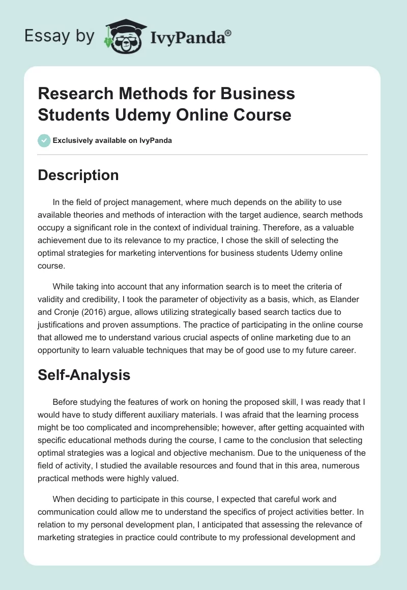 Research Methods for Business Students Udemy Online Course. Page 1