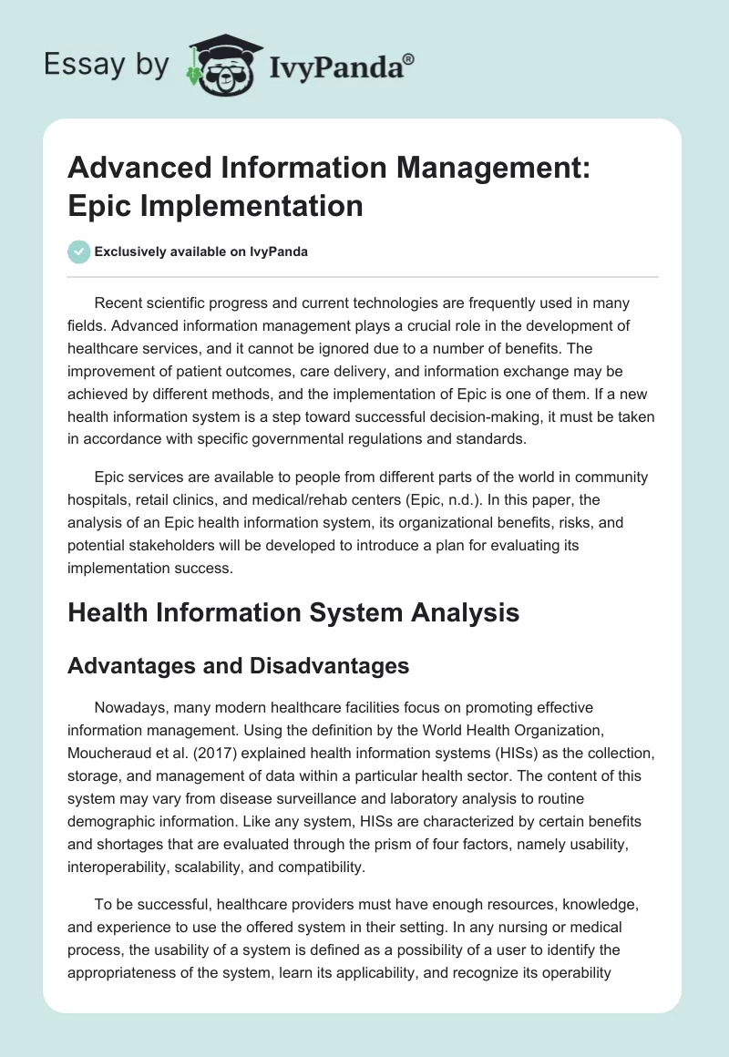 Advanced Information Management: Epic Implementation. Page 1