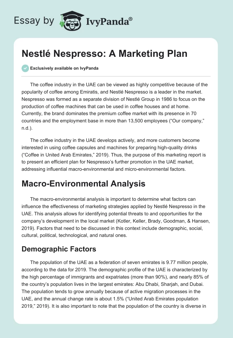 Vag Mening Høj eksponering Nestlé Nespresso: A Marketing Plan - 3788 Words | Case Study Example