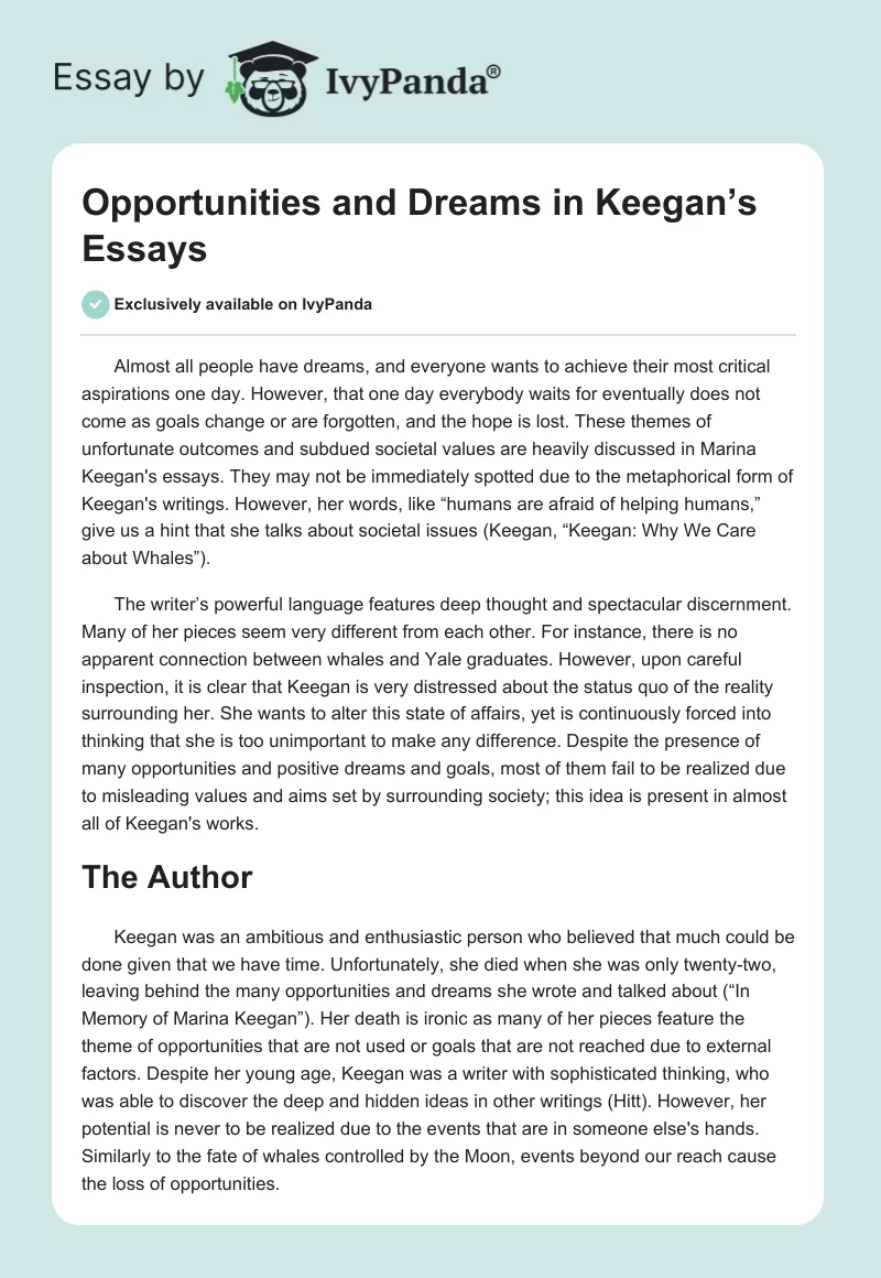 Opportunities and Dreams in Keegan’s Essays. Page 1