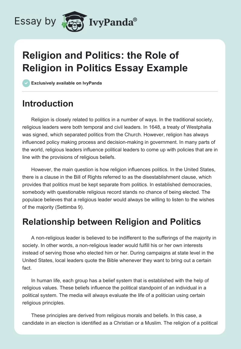 Religion and Politics: the Role of Religion in Politics Essay Example. Page 1