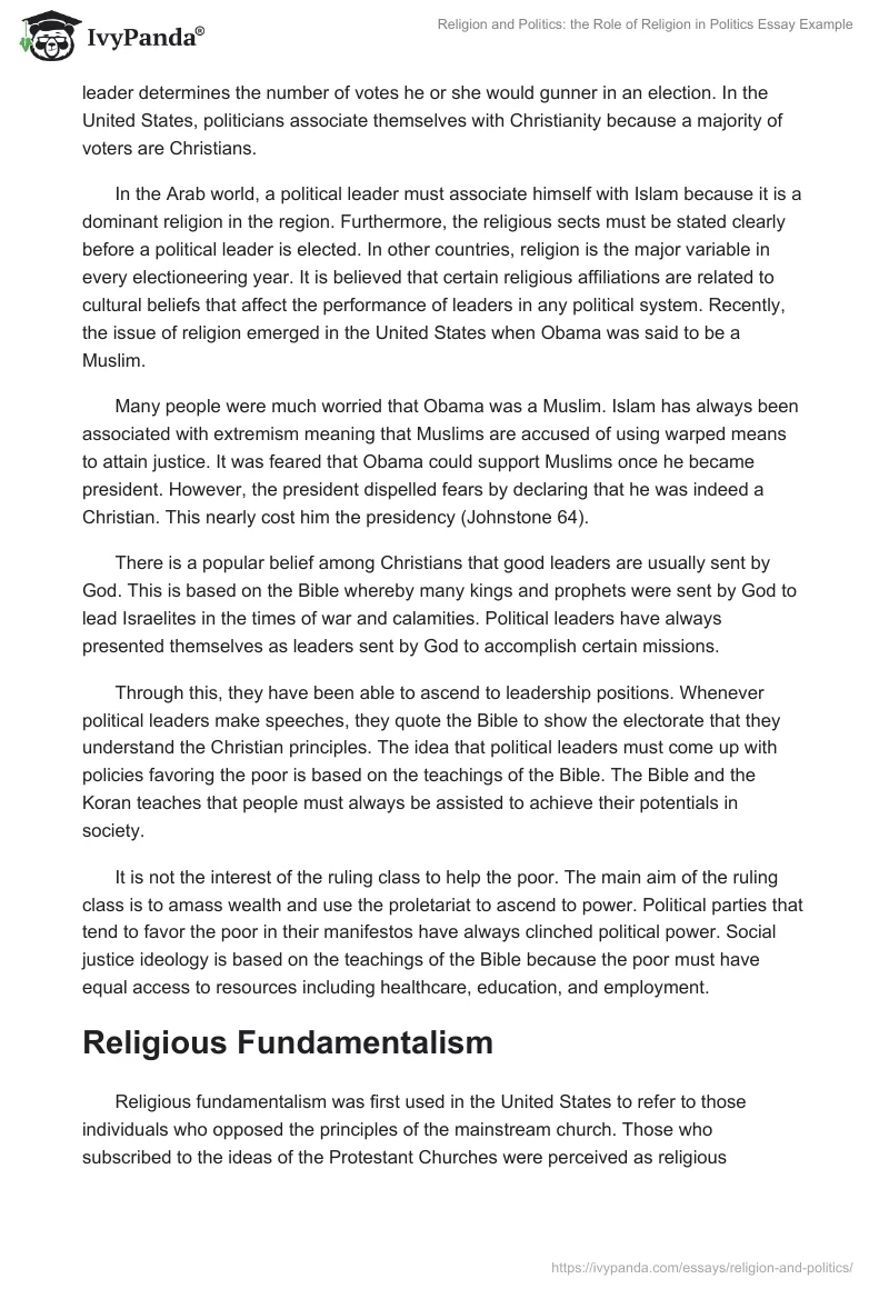 Religion and Politics: the Role of Religion in Politics Essay Example. Page 2